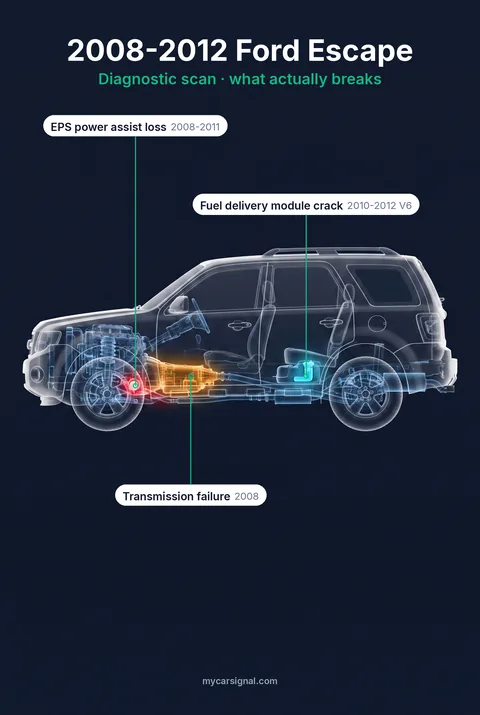 2008–2012 Ford Escape cutaway, transmission, steering rack and fuel delivery module highlighted