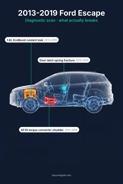 2013–2019 Ford Escape cutaway, engine coolant, torque converter and door latch highlighted