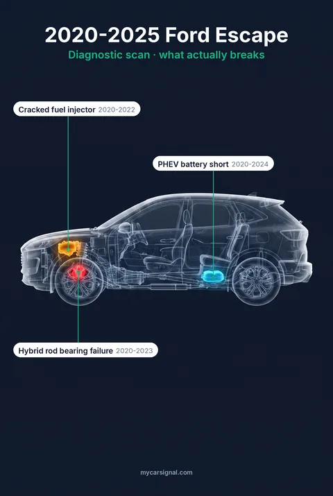 2020–2025 Ford Escape cutaway, fuel injectors, engine crankshaft bearings and hybrid battery highlighted