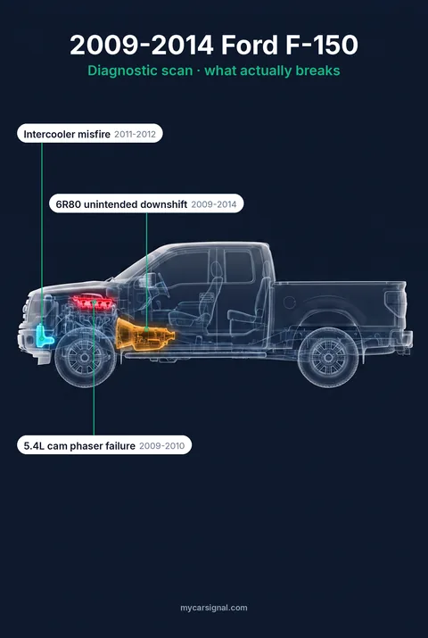 2009-2014 Ford F-150 cutaway, 6R80 transmission, camshaft phasers and intercooler highlighted