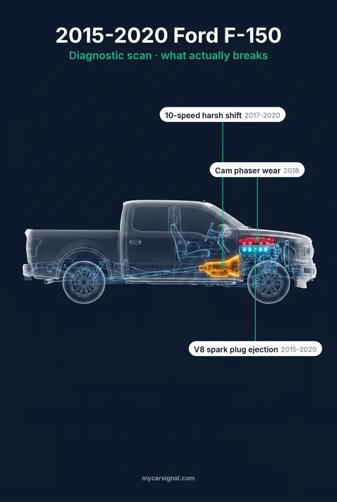 2015–2020 Ford F-150 cutaway, 10-speed transmission, camshaft phasers and cylinder head spark plugs highlighted