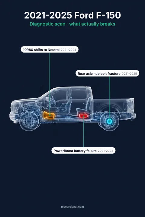 2021–2025 Ford F-150 cutaway, 10R80 transmission, PowerBoost battery and rear axle hub highlighted