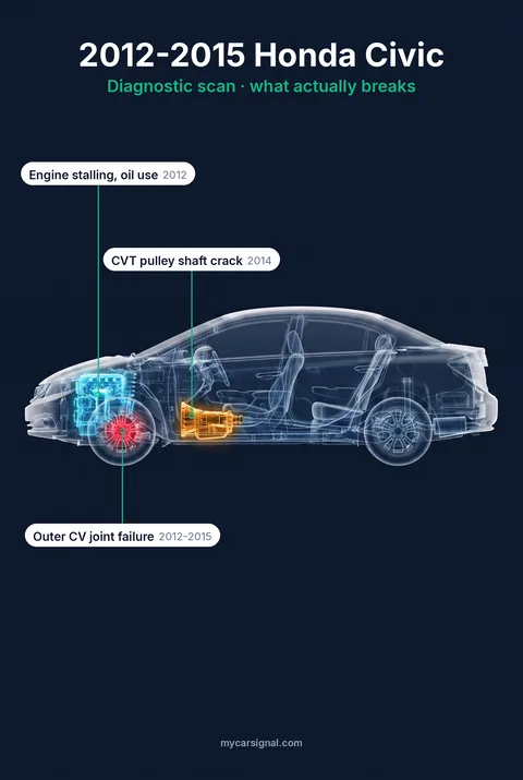 2012-2015 Honda Civic cutaway, CVT drive pulley shaft, outer CV joint and engine highlighted