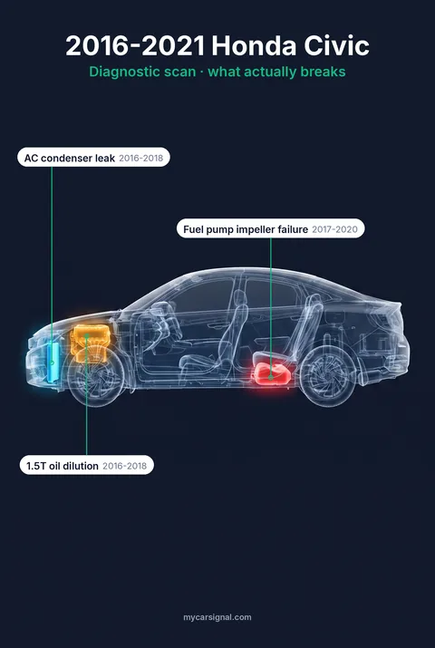 2016–2021 Honda Civic cutaway, turbo engine oil dilution, fuel pump and air conditioning condenser highlighted
