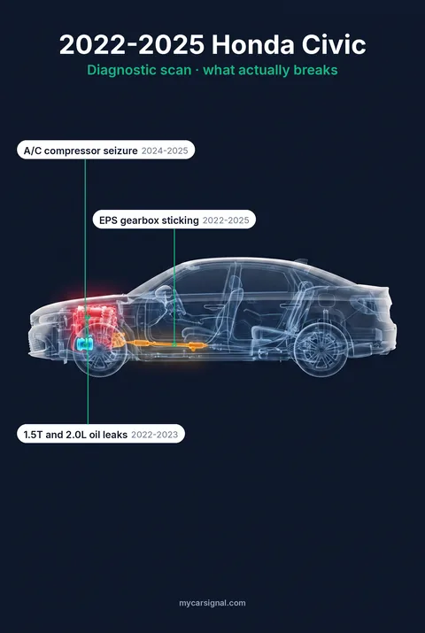 2022–2025 Honda Civic cutaway, EPS steering gearbox, engine oil leaks and air conditioning compressor highlighted