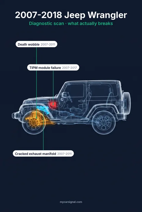 2007-2018 Jeep Wrangler (JK) cutaway, front suspension and steering, TIPM electrical module and exhaust manifold highlighted