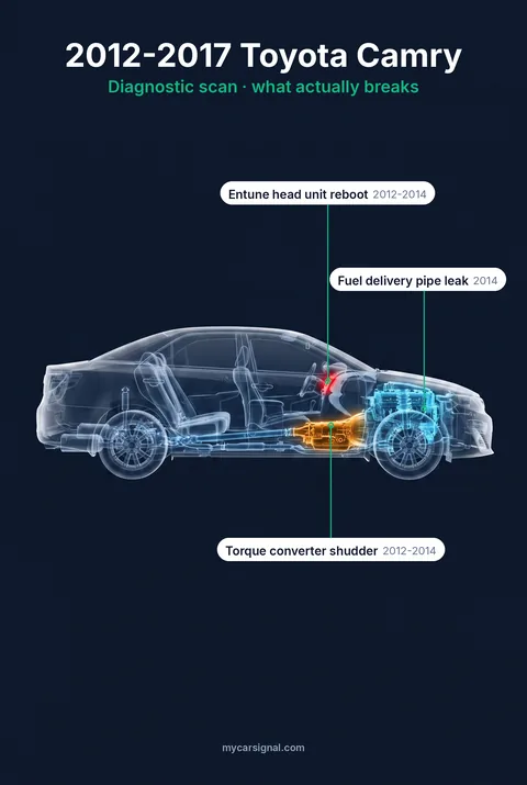 2012–2017 Toyota Camry (XV50) cutaway, torque converter, Entune head unit and fuel delivery pipe highlighted