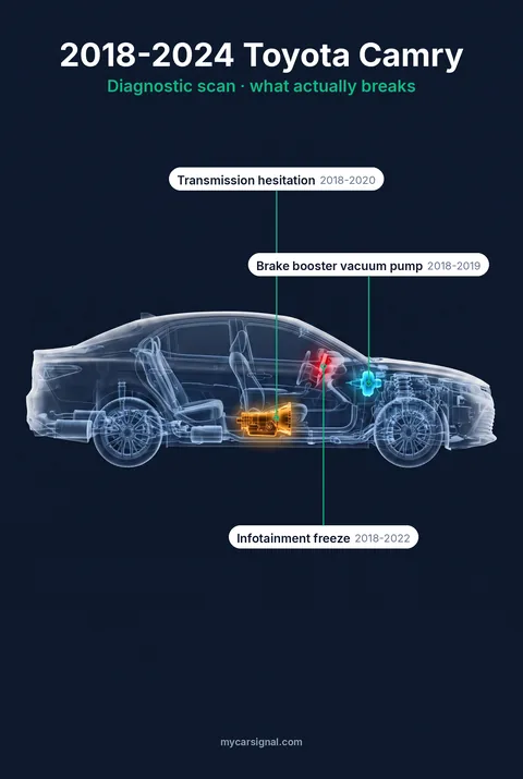 2018-2024 Toyota Camry (XV70) cutaway, transmission, infotainment screen and brake booster highlighted