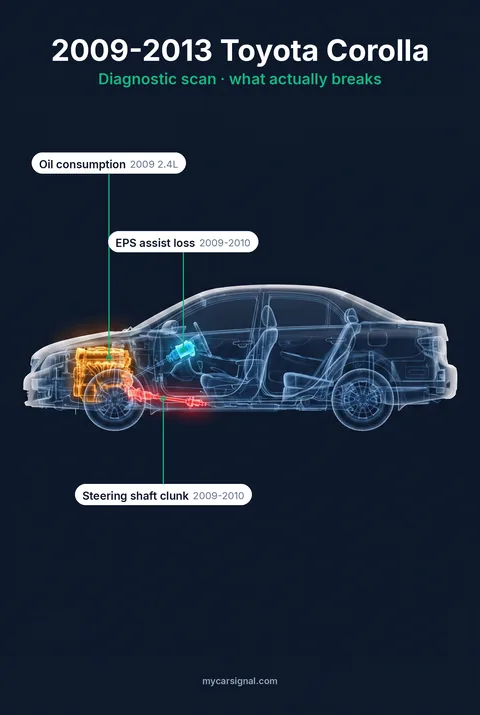 2009-2013 Toyota Corolla cutaway, engine oil consumption, steering shaft and electric power steering motor highlighted