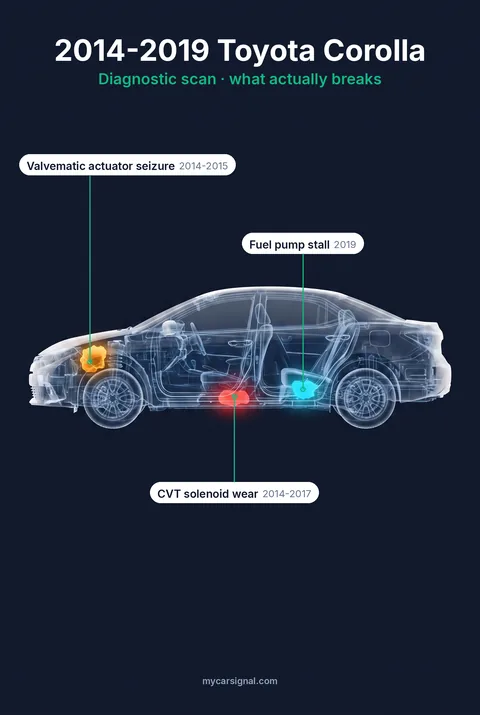 2014-2019 Toyota Corolla (E170) cutaway, Valvematic actuator, CVT solenoid and fuel pump highlighted