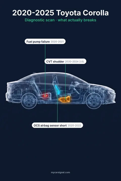 2020–2025 Toyota Corolla (E210) cutaway, CVT transmission, fuel pump and occupant sensing seat highlighted
