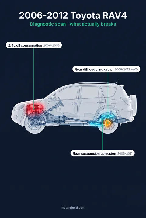 2006–2012 Toyota RAV4 (XA30) cutaway, rear differential, engine and rear suspension arms highlighted