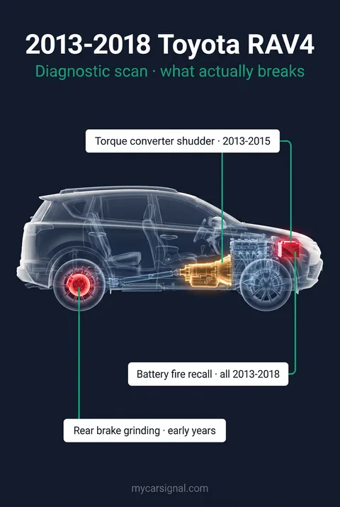 2013–2018 Toyota RAV4 cutaway, torque converter, rear brakes and battery hold-down highlighted