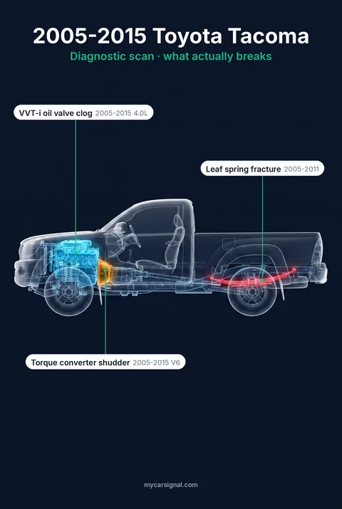 2005–2015 Toyota Tacoma cutaway, torque converter, rear leaf springs and VVT-i oil control valve highlighted