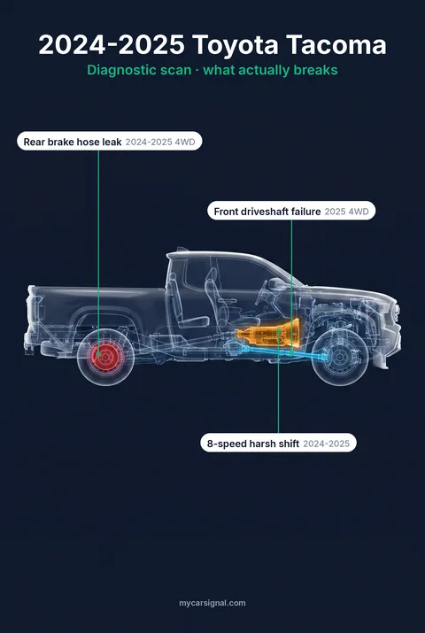 2024–2025 Toyota Tacoma cutaway, 8-speed transmission, rear brake hose and front driveshaft highlighted